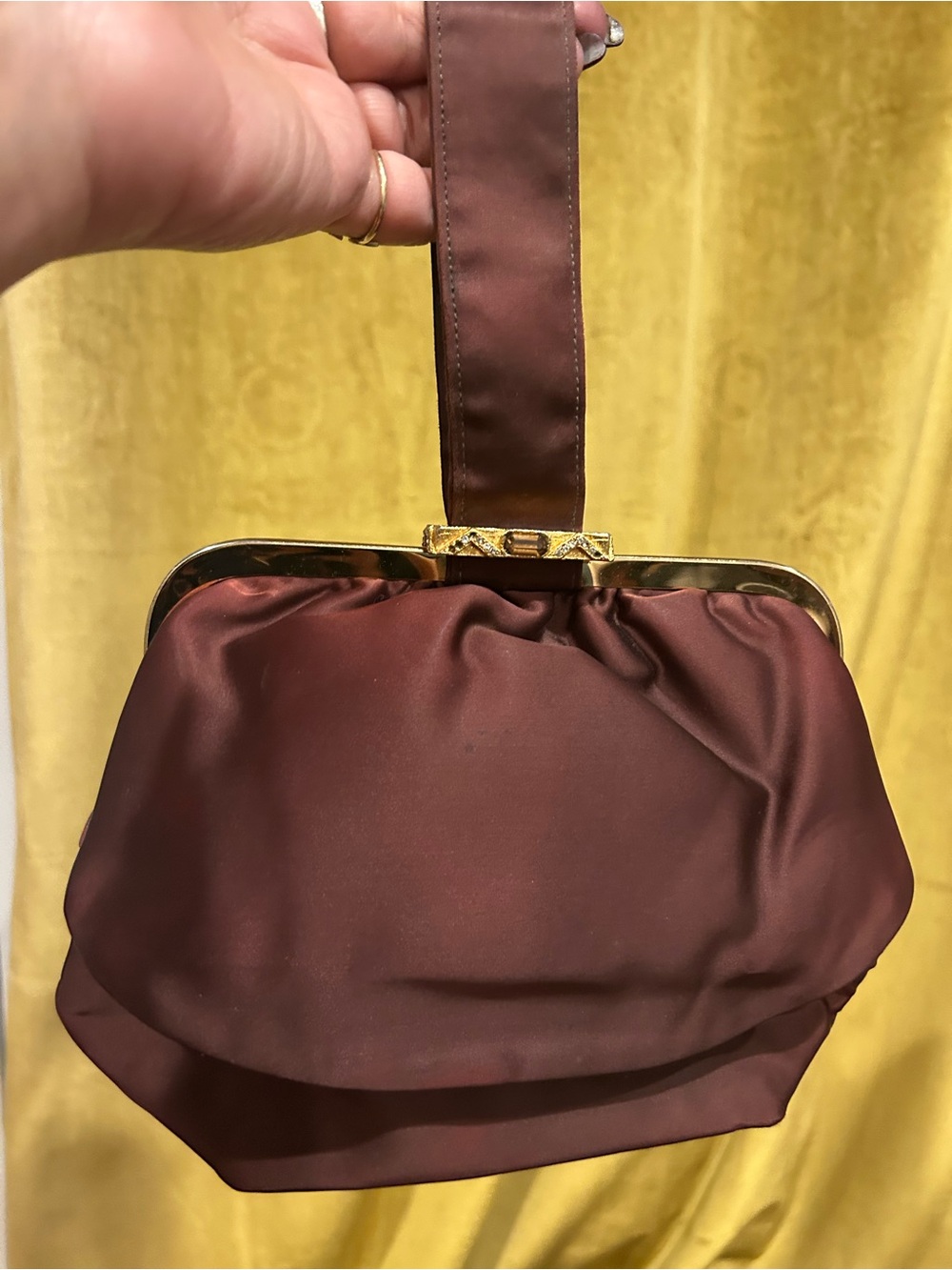 Women's Satin Wristlet Handbag in Deep Brown with Gold Trim